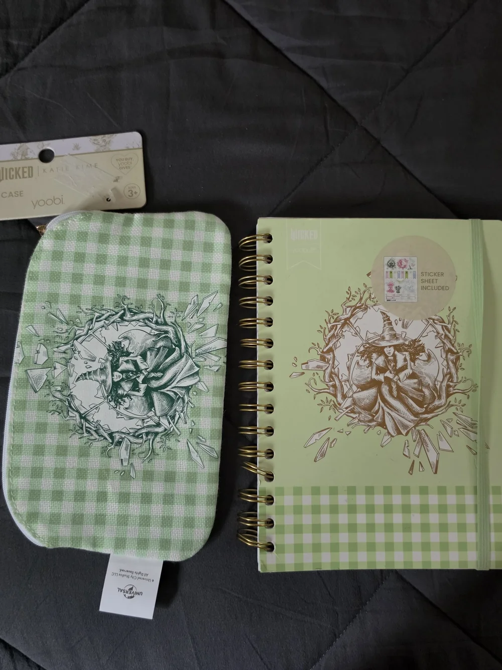 yoobi Green Gingham Wicked  Spiral Notebook & Reversible Makeup/ Pencil Case Set